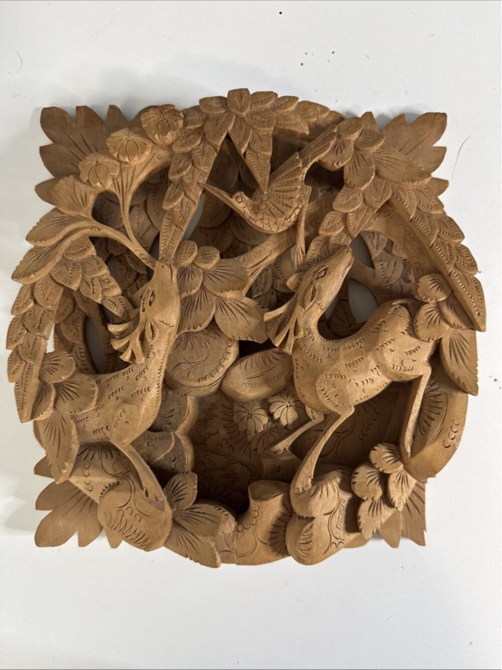 Vintage Hand Carved 3D Balinese Hindu Wood Sculpture Birds Deer Nature Scene